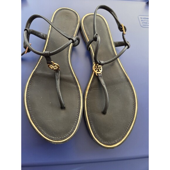 Tory Burch Shoes - Tory Burch Women's 7M Leather Black  Emmy T-strap Sandal Gold Logo Flat Shoe